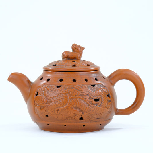 Vintage Chinese Yixing Style Teapot Double Wall Dragon Relief Shishi Finial Hongni Clay 6"