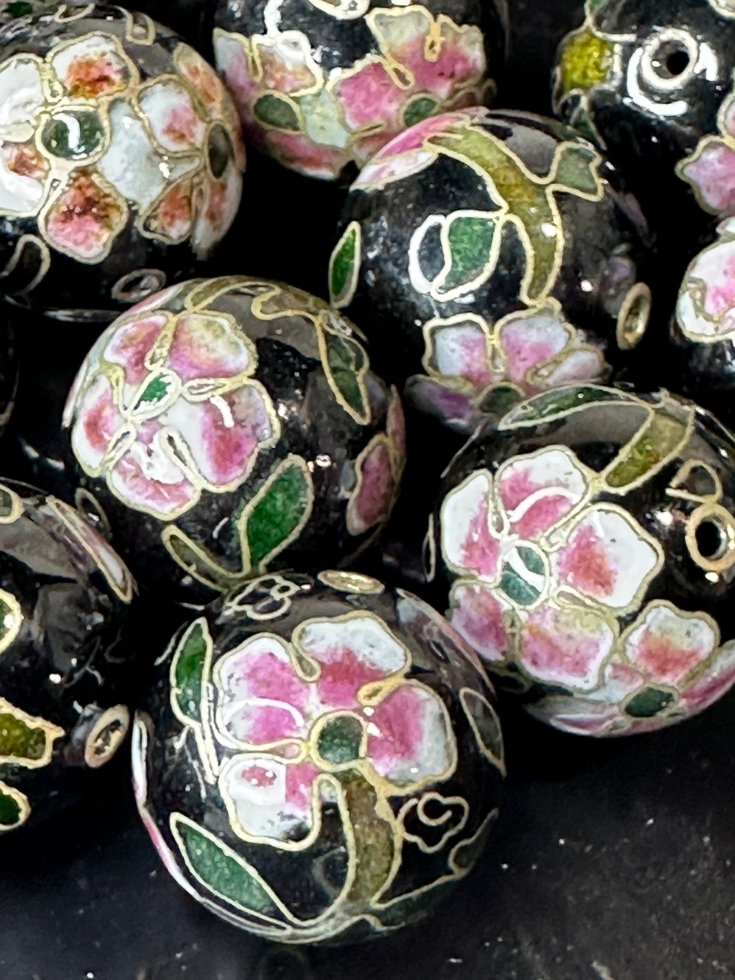 One Vintage Chinese Cloisonne Black & Pink Bead 18mm Glass Enamel Jewelry