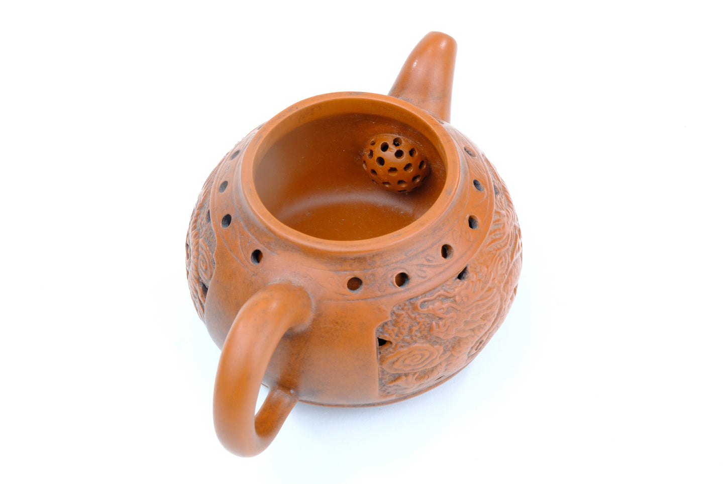 Vintage Chinese Yixing Style Teapot Double Wall Dragon Relief Shishi Finial Hongni Clay 6"