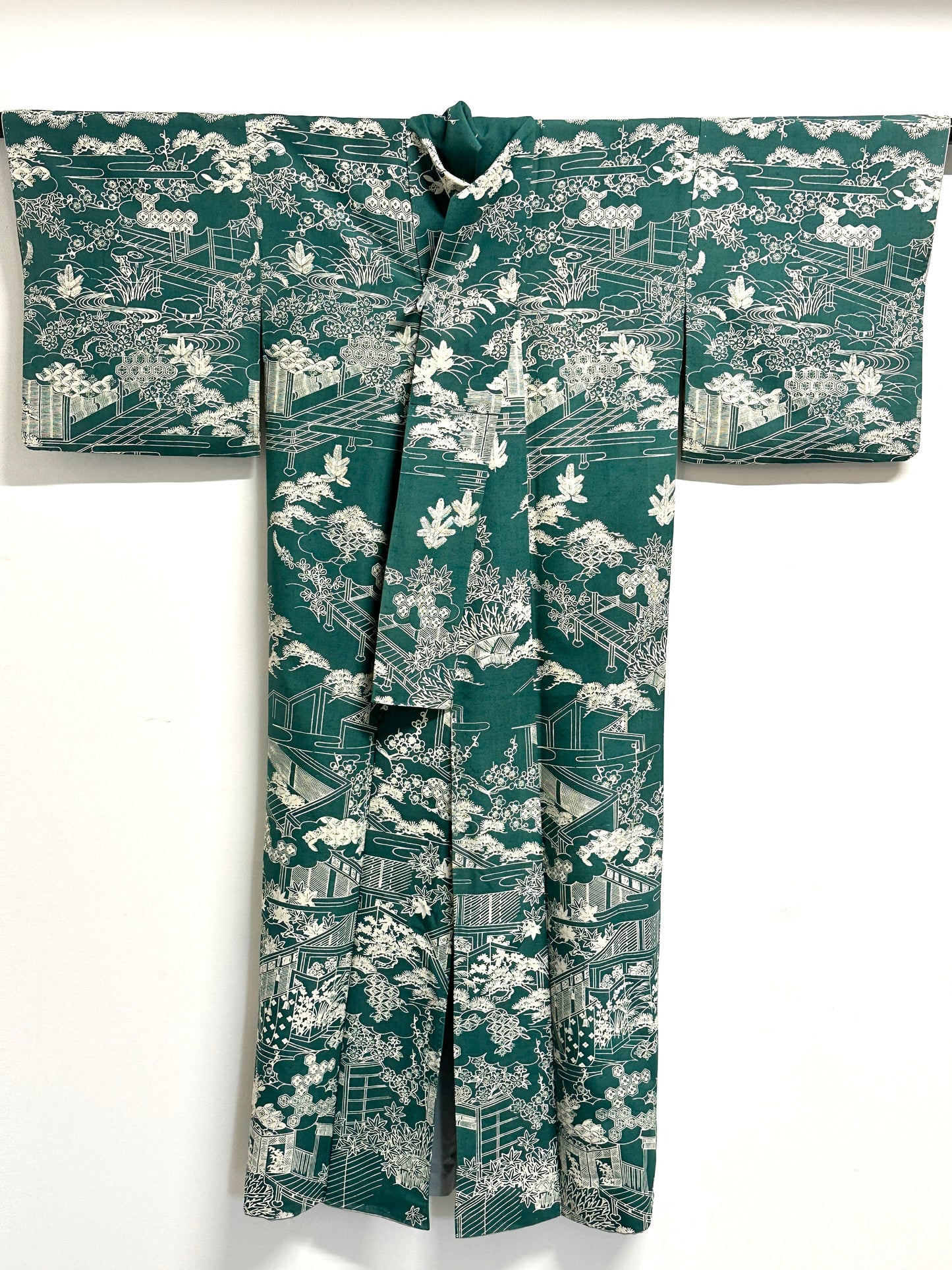 Vintage Japanese Silk Kimono Allover Garden Landscape Teien Crane Pine Teal Showa