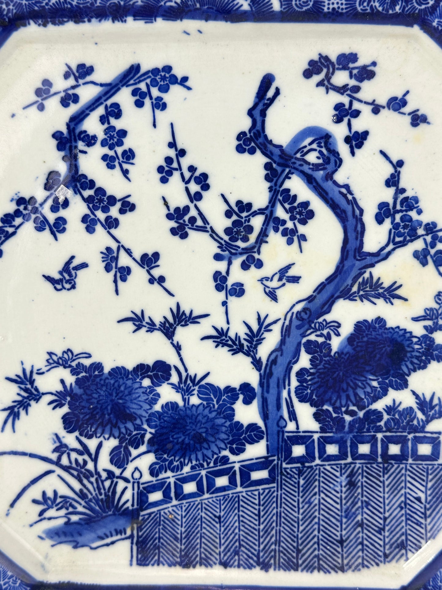 Antique Japanese 19th Century Imari Octagonal Blue & White Landscape Plate 12.5"W