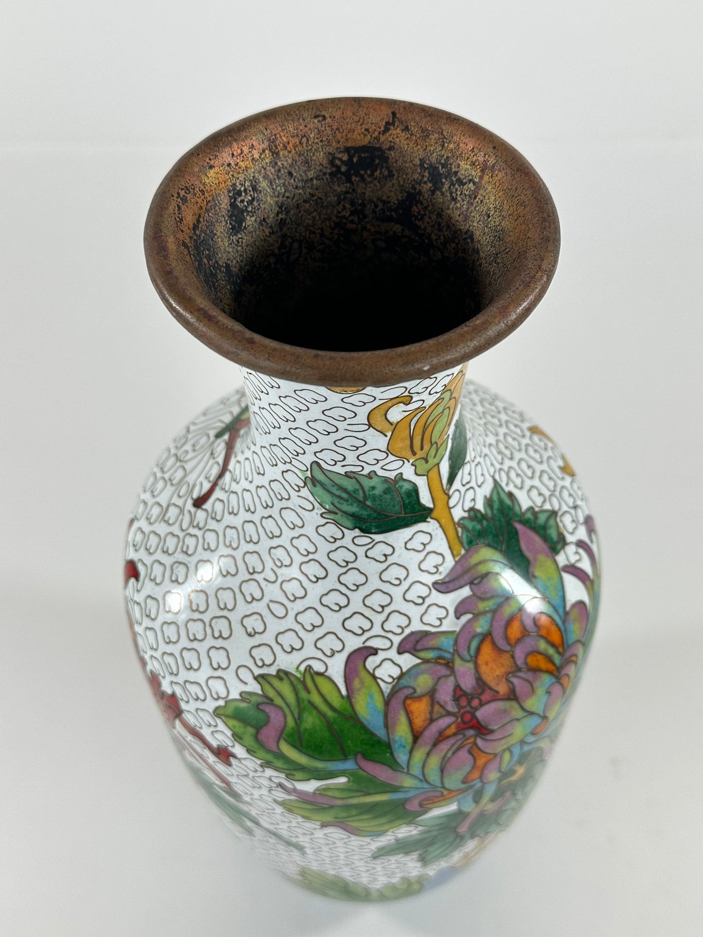 Vintage Chinese Cloisonné Vase chrysanthemum motif 12”