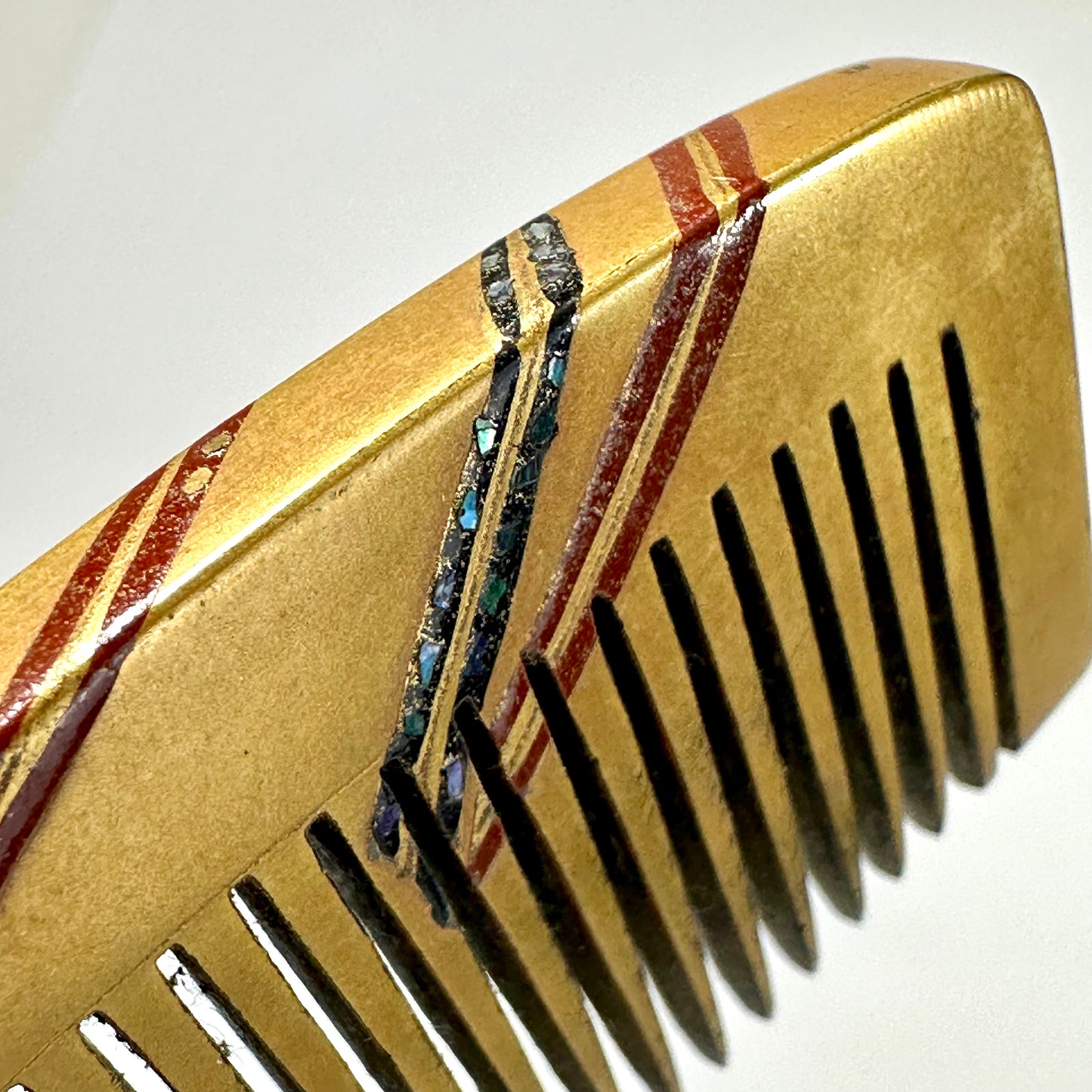 Antique Japanese Geisha Comb Kushi Hairpiece Kanzashi Gold Makie Shell Inlay 3"