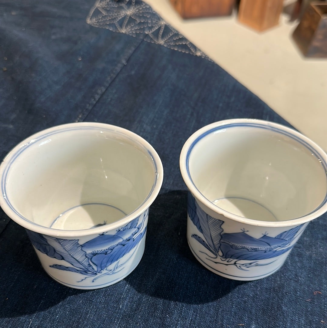 Antique Japanese Sobachoko Ceramic Blue & White Chestnut Motif 3.75"