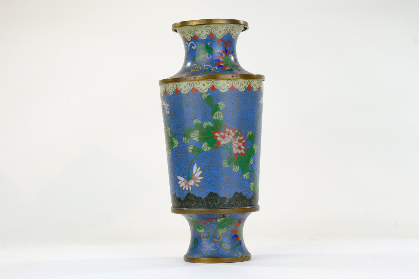Chinese Cloisonne Enamel Vase Blue Ground Floral Butterfly Brass Paneled Form