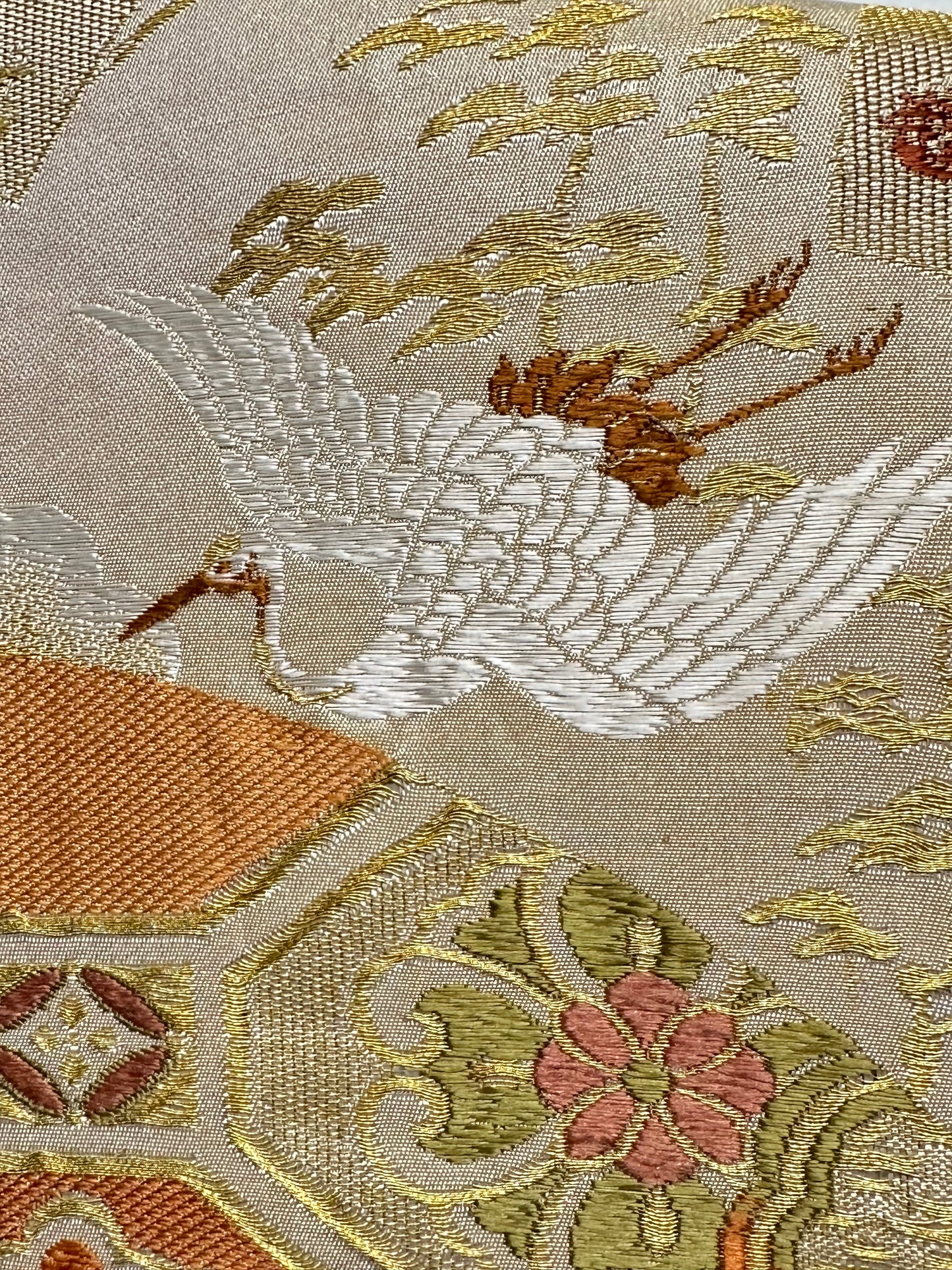 Antique Japanese Orange & Gold Obi w/Fans Chrysanthemum & Cranes 13ft