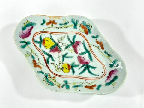 Chinese Famille Rose Porcelain Lozenge Dish Peach Longevity Floral Celadon Ground Late Qing 7.5"