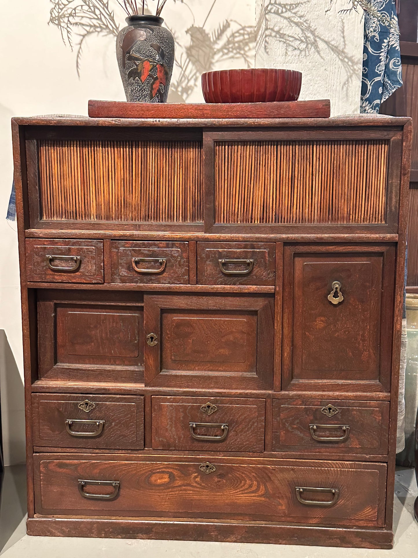 Antique Japanese Taisho Era (c1920’s) Chadansu Tea Tansu 9 Drawer 26"W