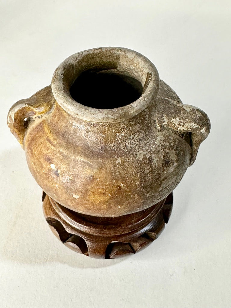 Southeast Asian Stoneware Miniature Jar Double Loop Handles Hardwood Stand 3"H