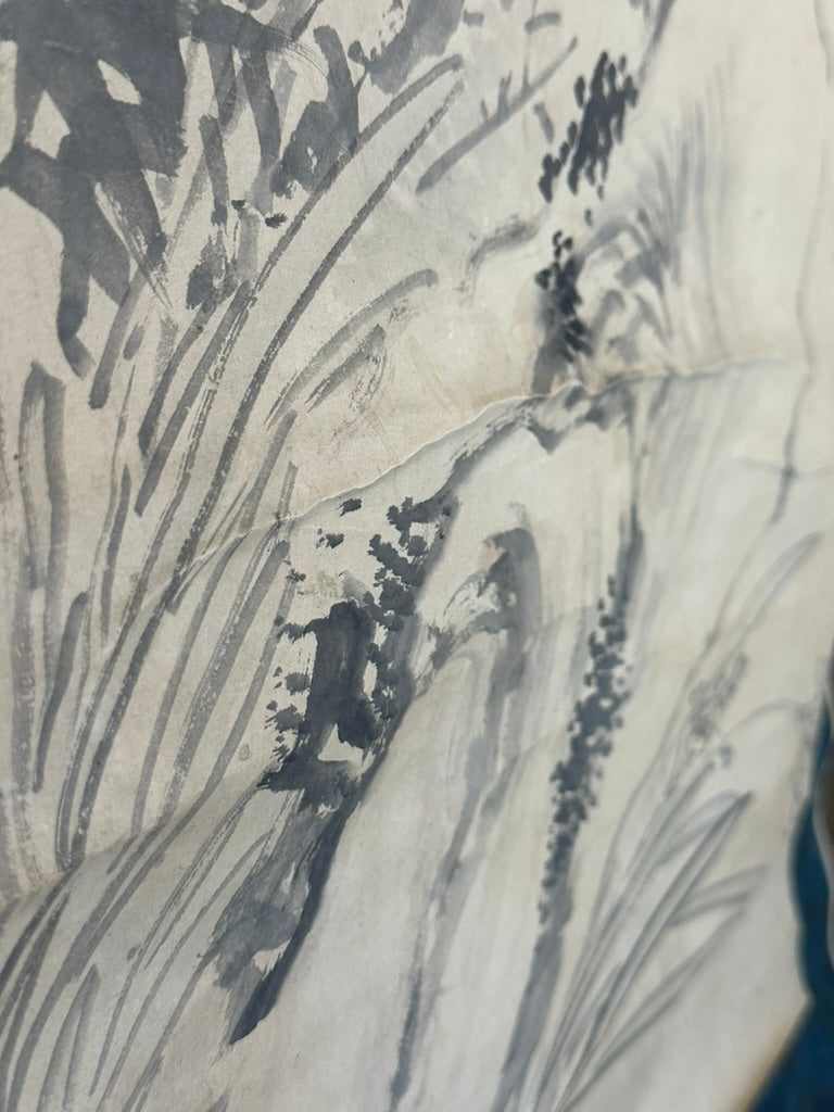 Antique Japanese Kakejiku Hanging Scroll Sparrow Bamboo Prunus Kacho-ga Ink 76"L