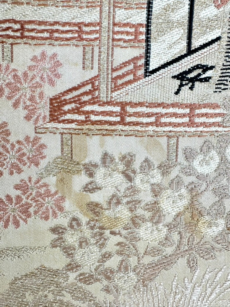 Antique Japanese Silk Obi Pictorial Garden Pavilion Bridge Genji Wheel 12'L