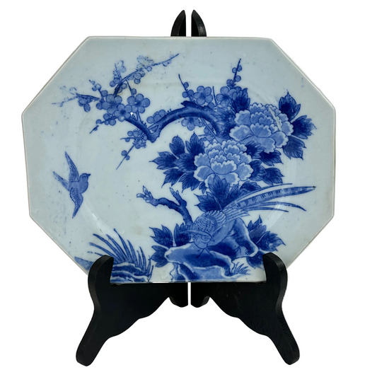 Antique Japanese Meiji Era c1880's Imari Blue & White Plate Birds Peonies 11"W