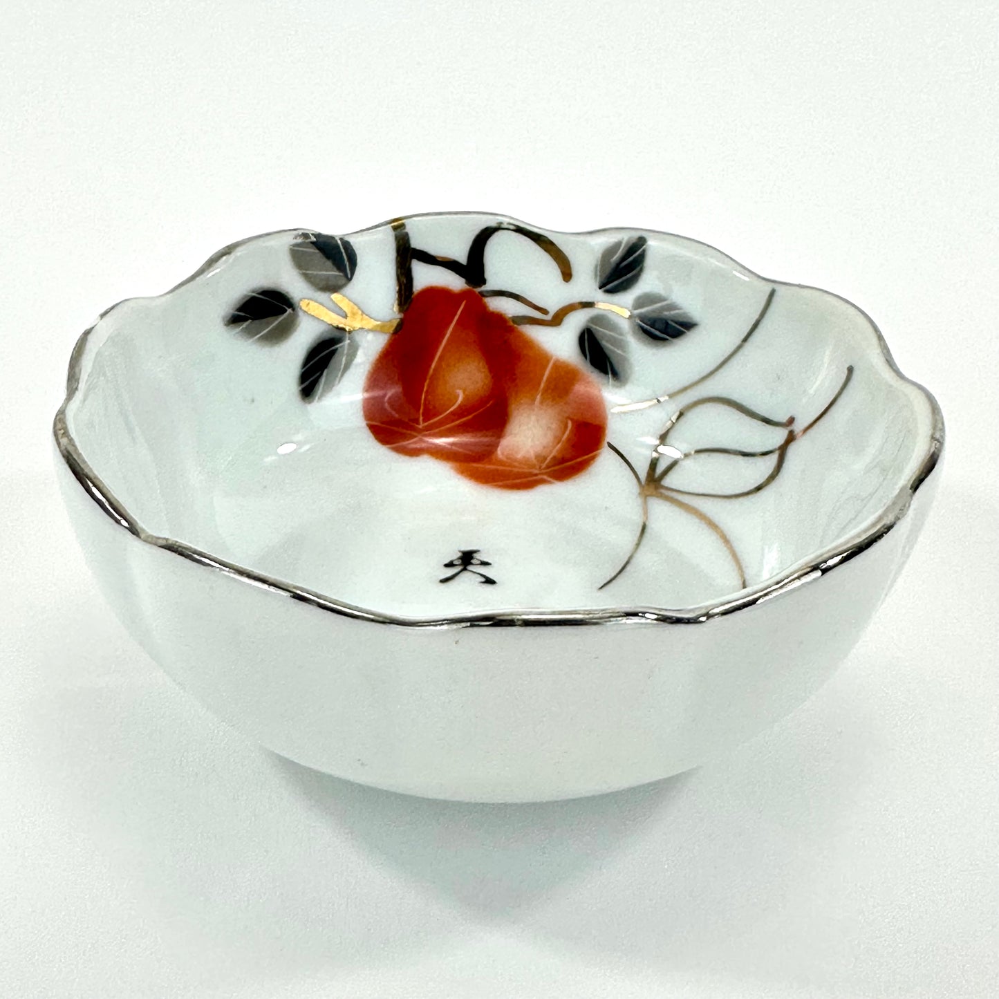 Vintage Japanese Porcelain Cup with Persimmon Motif Silver-Rimmed 3″