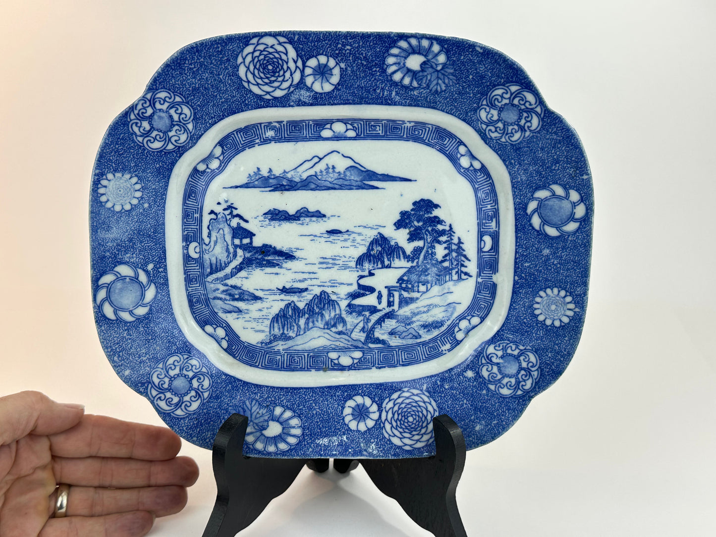 Antique Japanese Late Meiji c1910's Blue & White Porcelain Landscape Platter 10"W