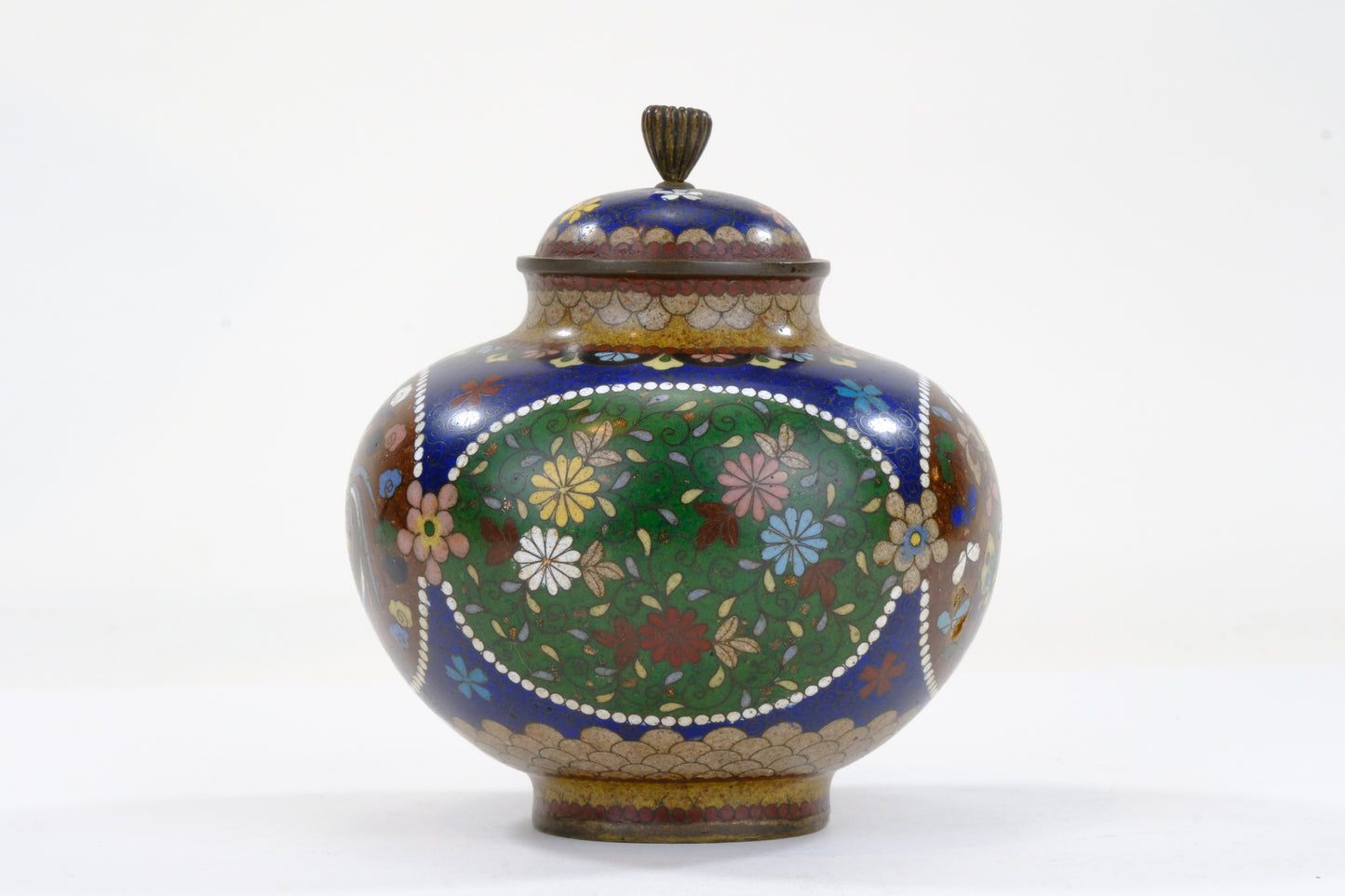 Japanese Meiji Cloisonne Enamel Covered Jar Cobalt Phoenix Floral Cartouche Bronze Finial 5"H