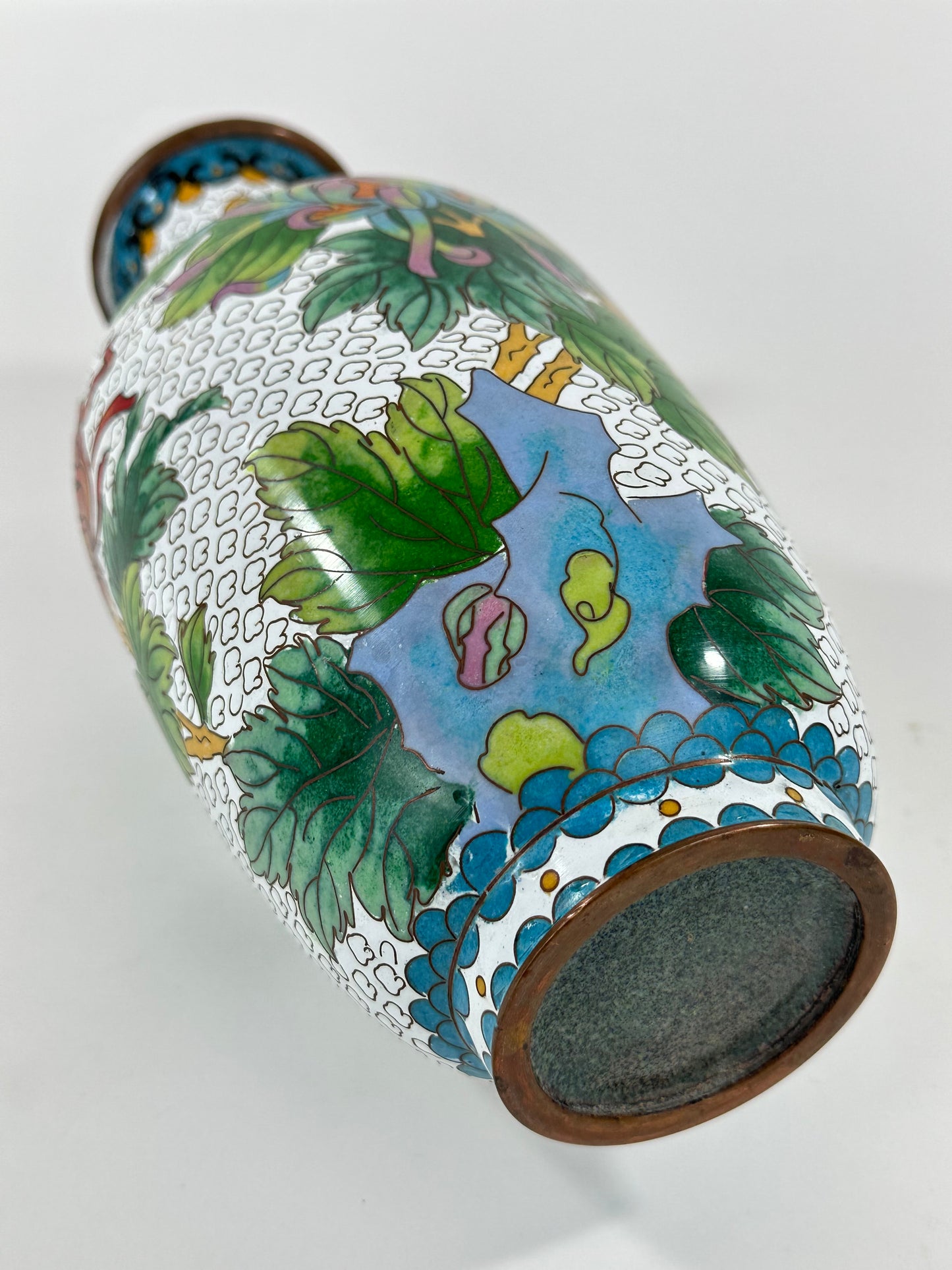 Vintage Chinese Cloisonné Vase chrysanthemum motif 12”
