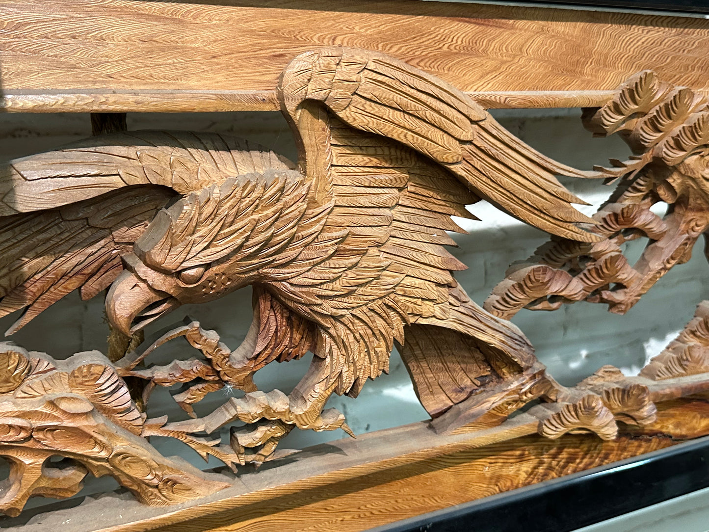 Vintage Japanese Ranma PAIR Eagles & Pines Carved Transom Screen Sugi Wood 73"