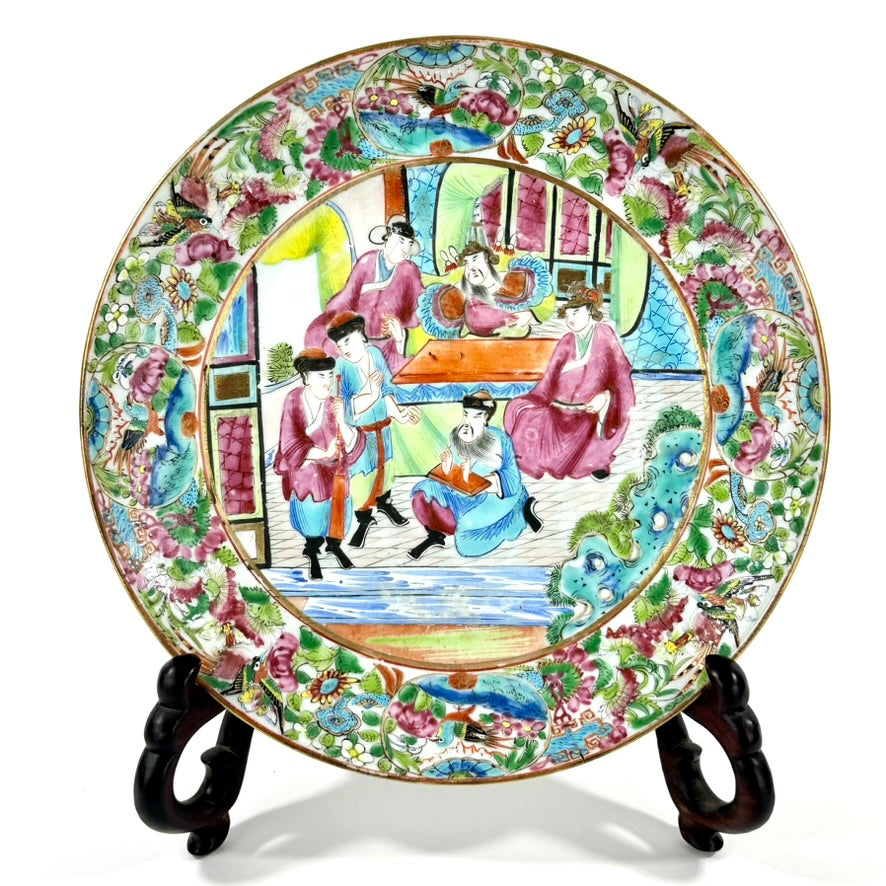 Antique Chinese Qing Famille Rose Canton Plate Courtyard Scene 8″W