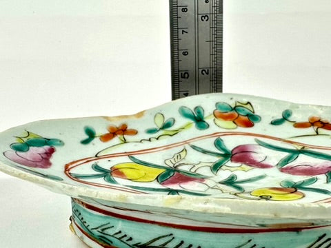 Chinese Famille Rose Porcelain Lozenge Dish Peach Longevity Floral Celadon Ground Late Qing 7.5"