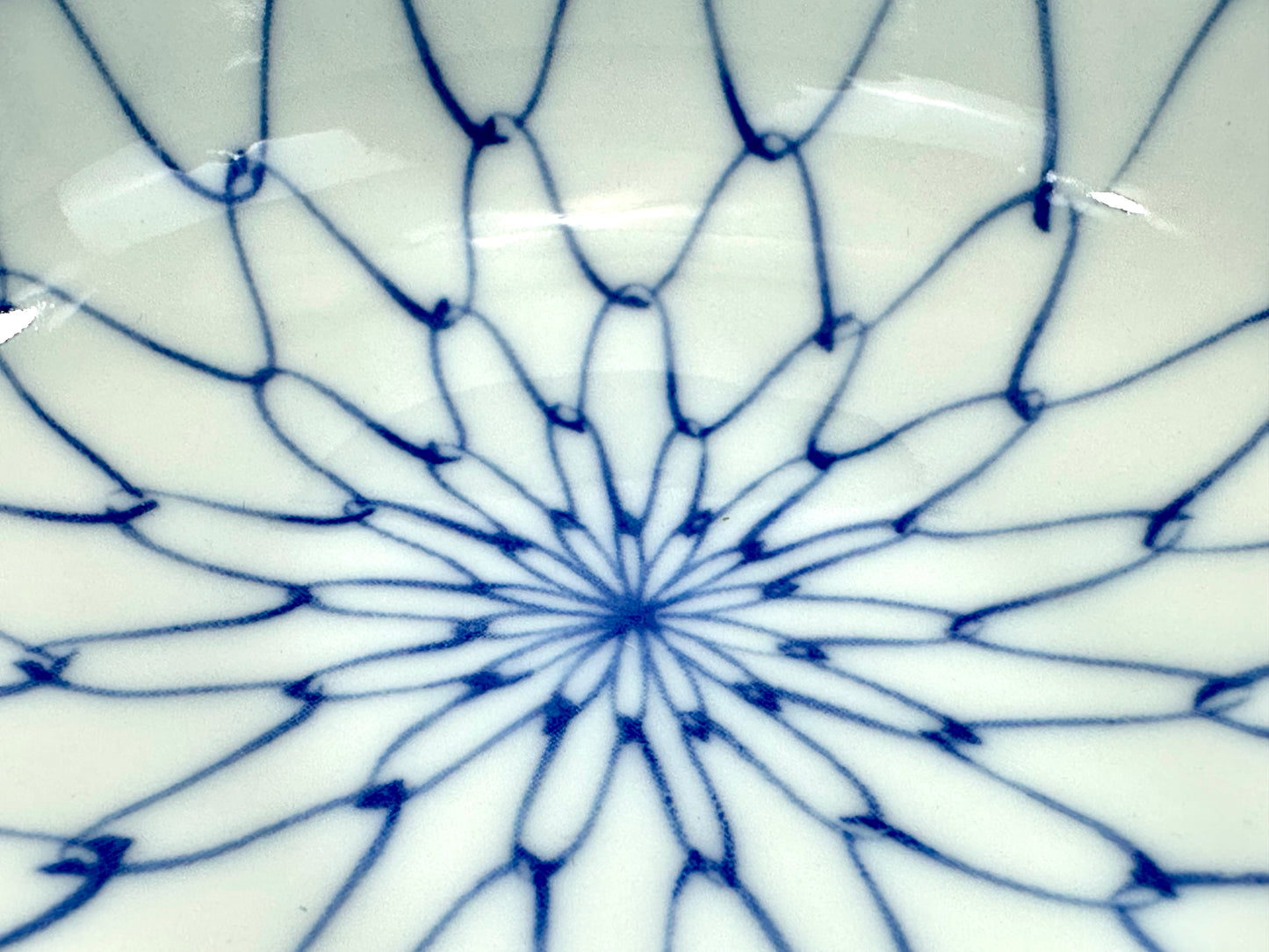 Vintage Japanese Blue-and-White Porcelain Bowl with Radiating Net Pattern 3″W