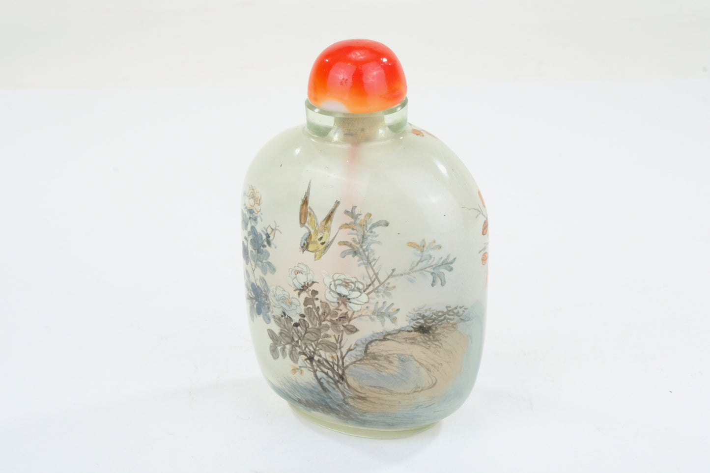 Chinese Clear Glass Interior Painted Snuff Bottle Bird Flower Rock Carnelian Stopper