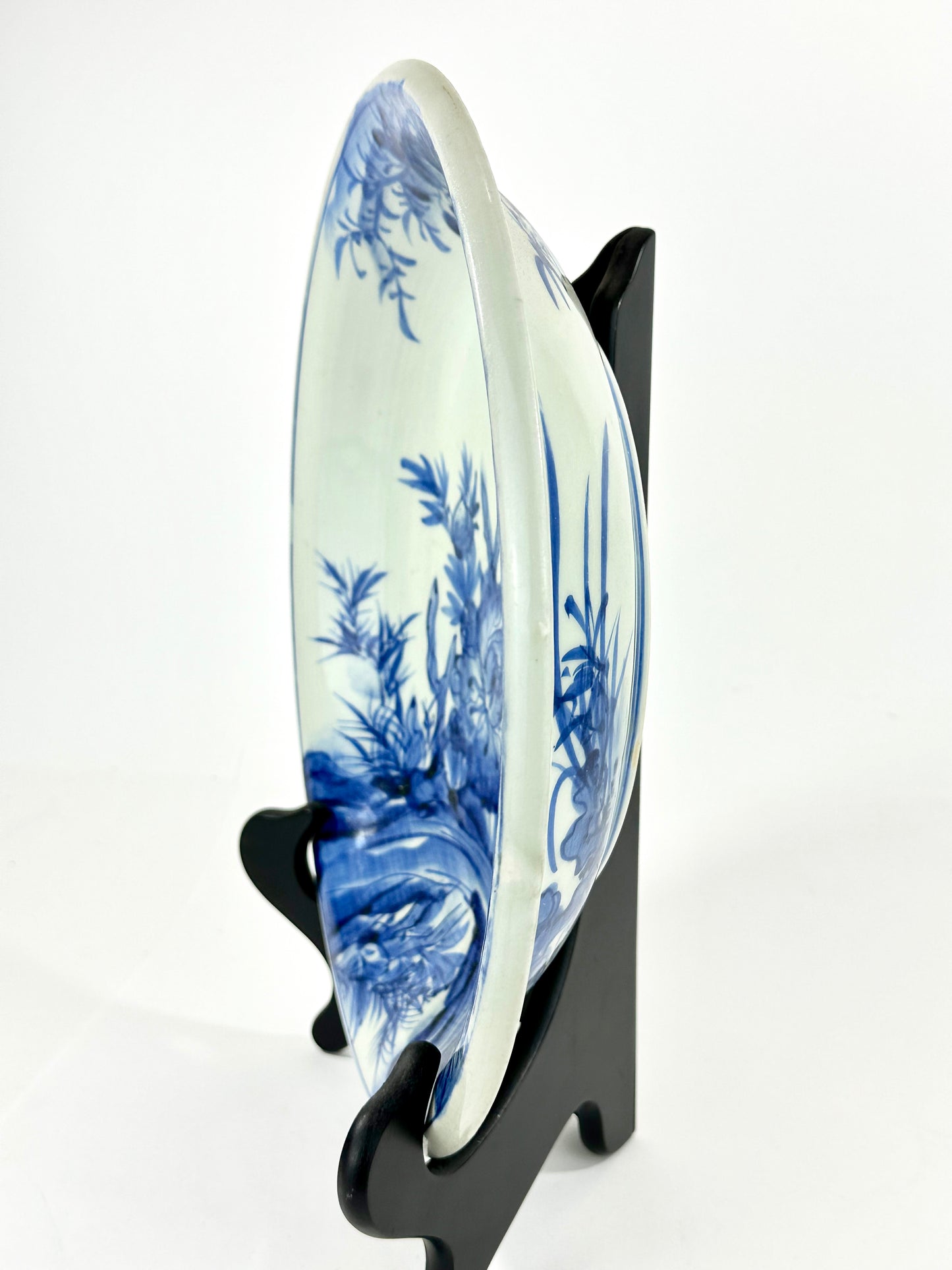 Antique Japanese Late Edo Period Imari Blue & White Porcelain Peony Bowl 12"W