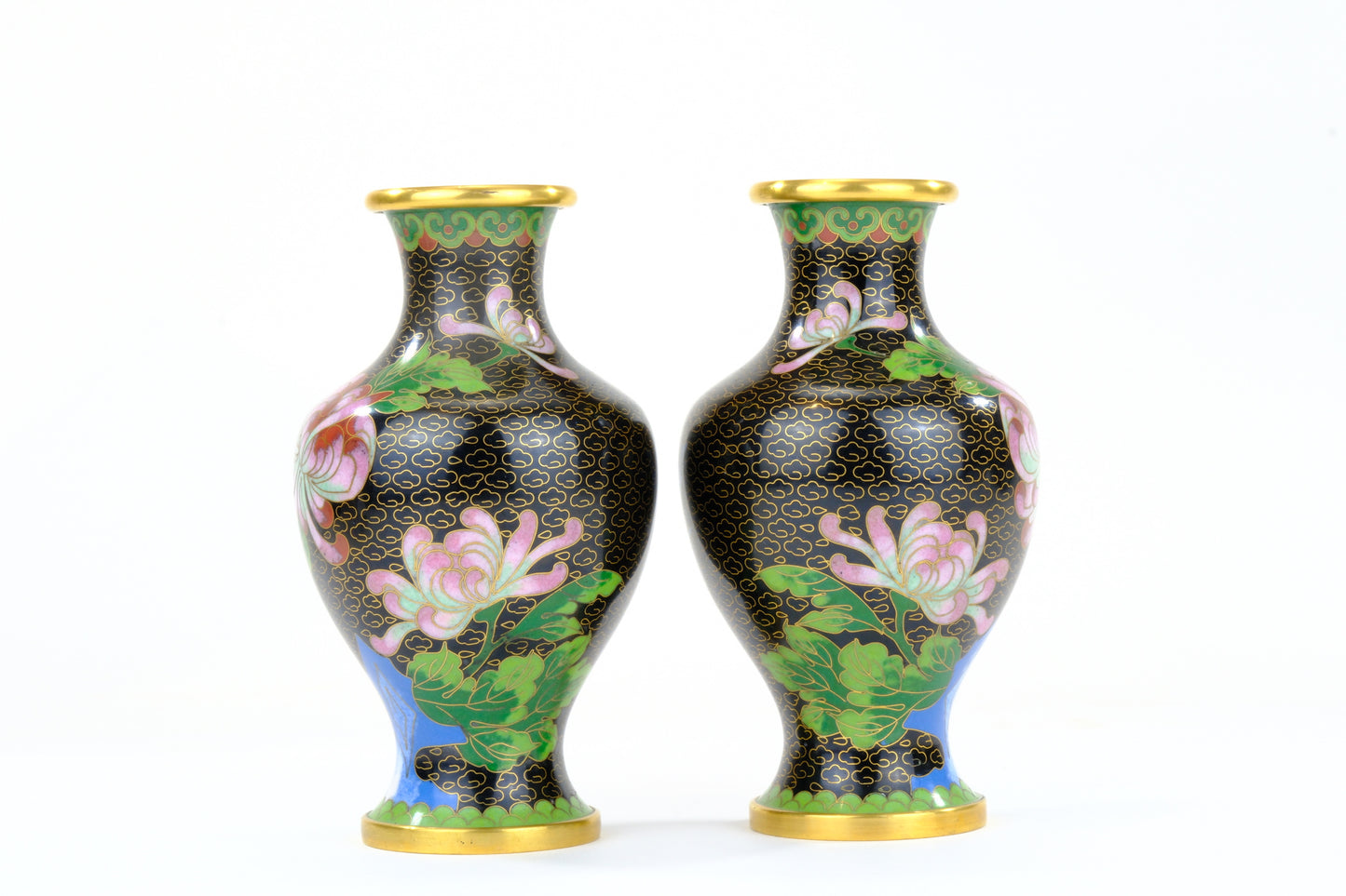 Chinese Cloisonne Enamel Vase Pair Black Ground Blue Bird Pink Peony Gold Rim