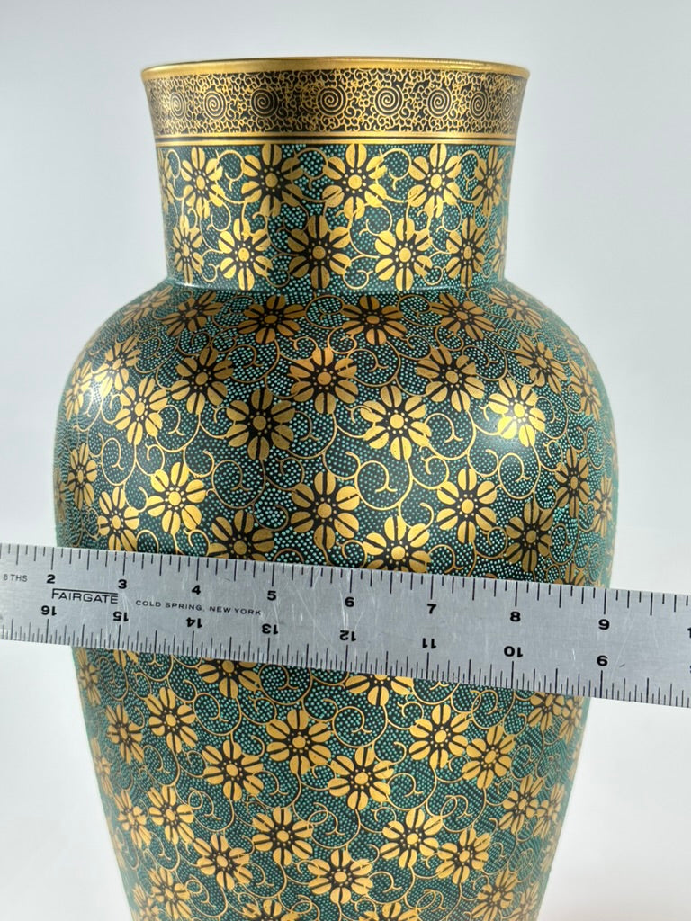 Vintage Kutani Shozan Porcelain Vase Green Gold Kiku Hanazume Hardwood Stand Showa 18"H
