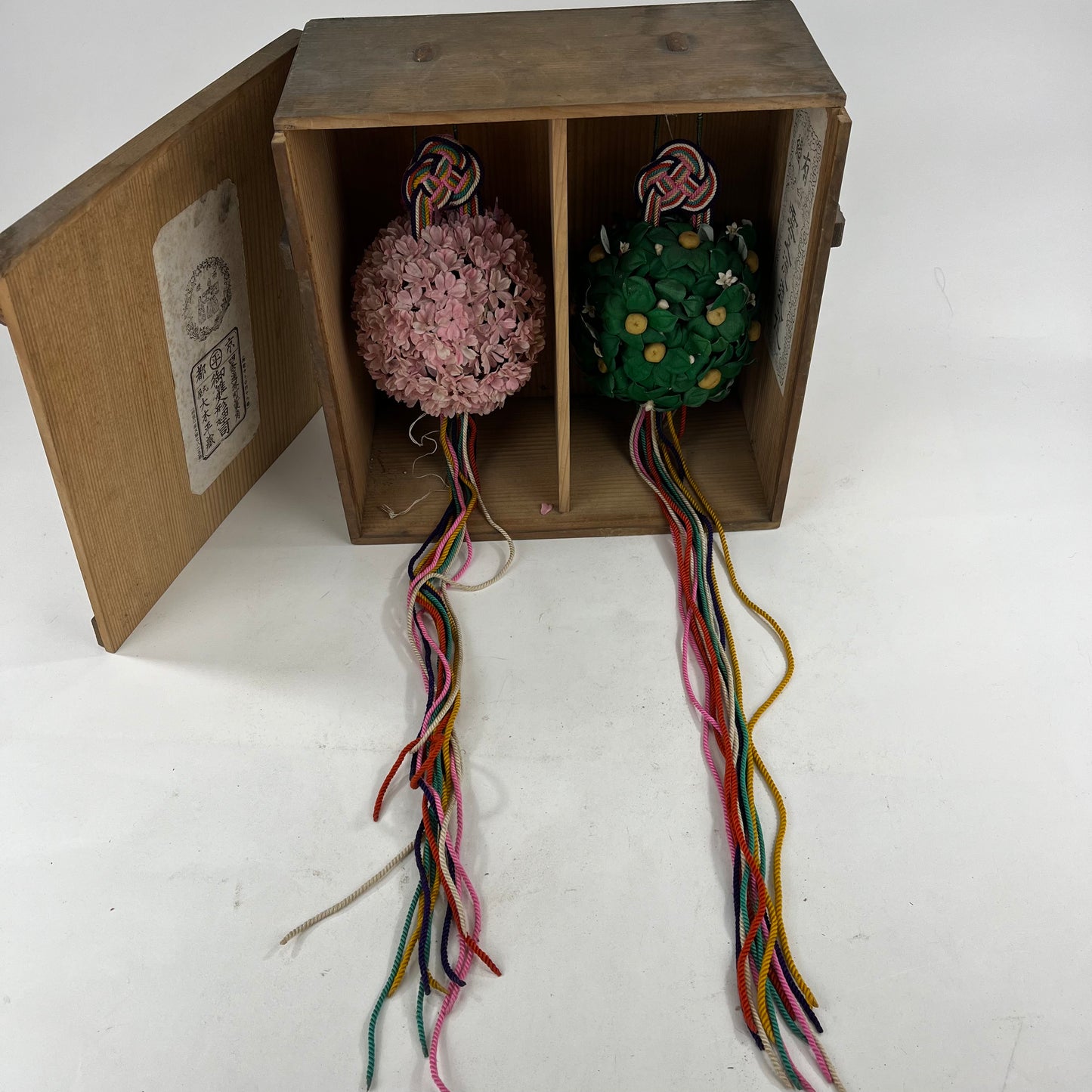 Japanese Silk Flower Ball Ornements Sakura & Persimon w/ Kiri Box