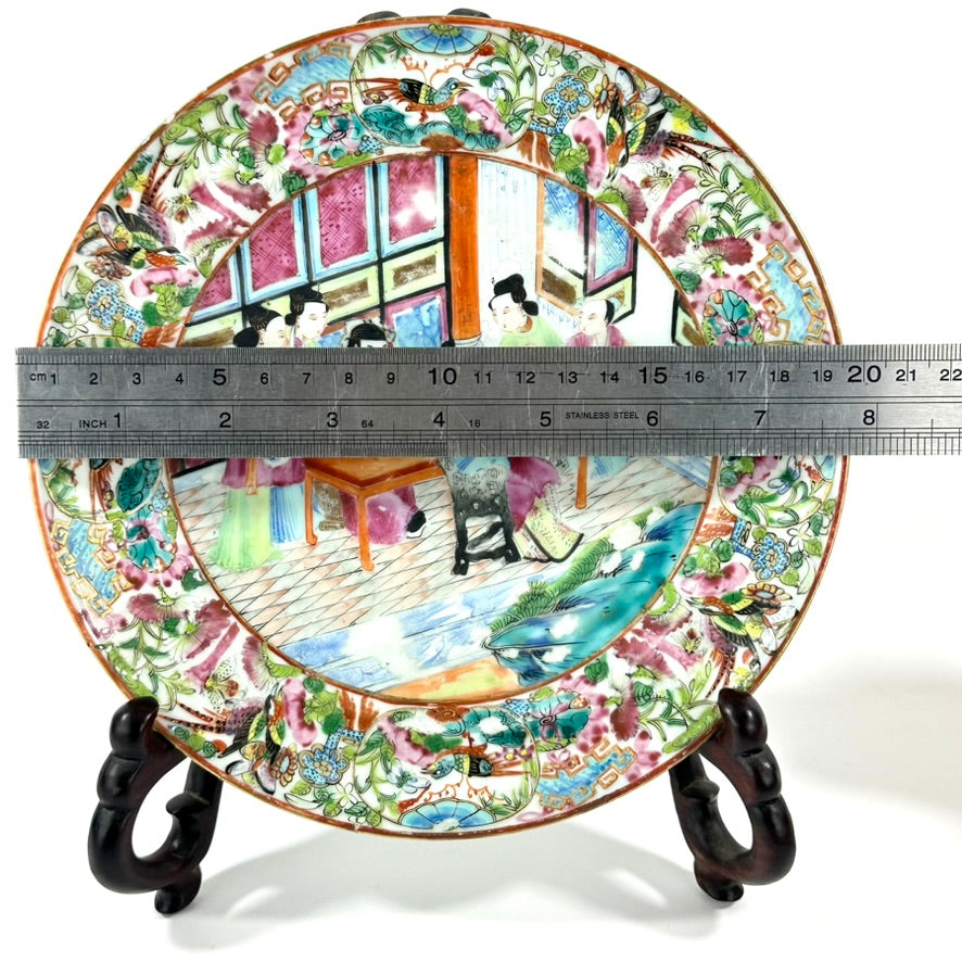 Antique Chinese Qing Famille Rose Canton Porcelain Plate Domestic Scene 8″W