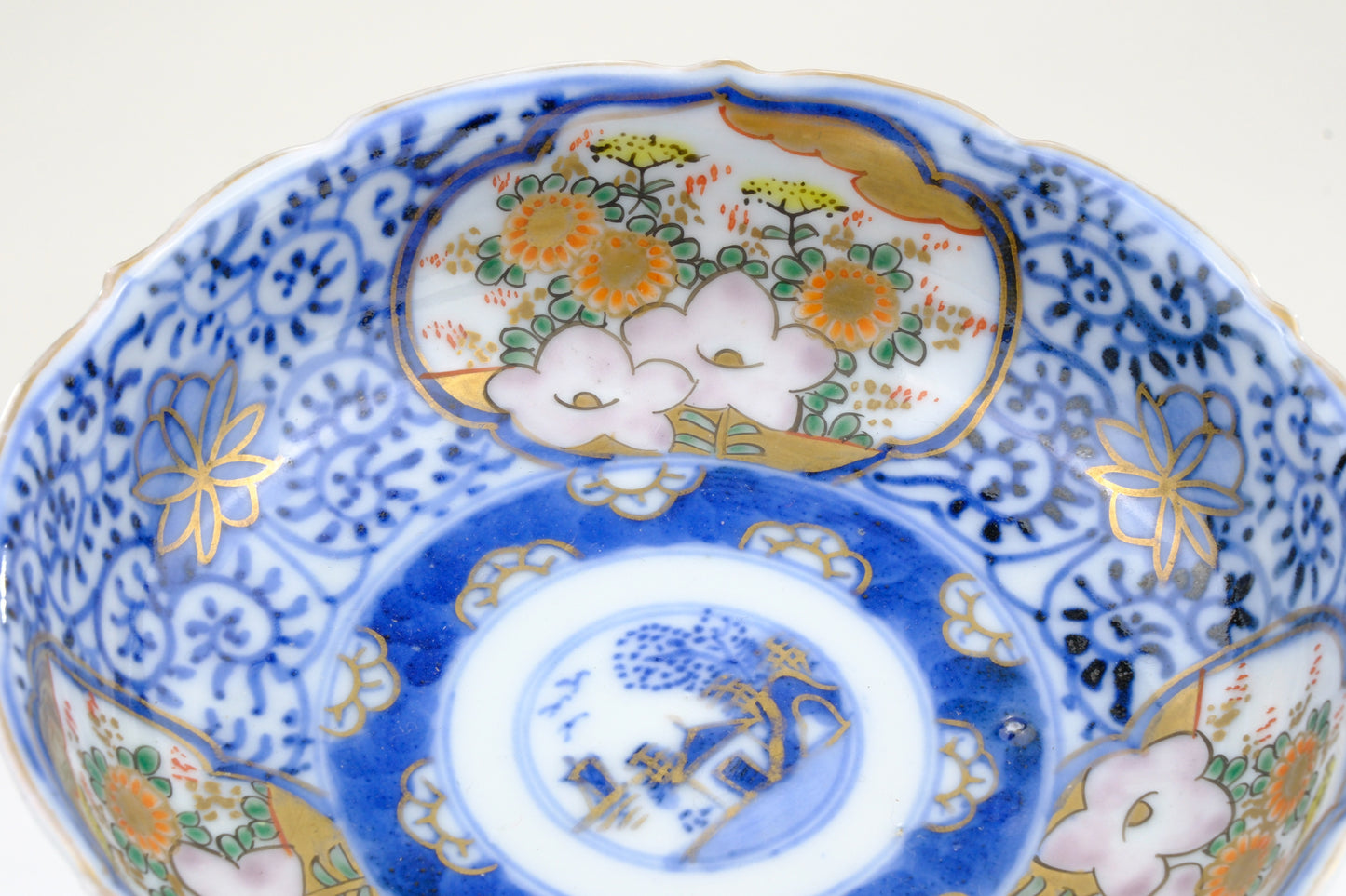 Japanese Imari Kinrande Bowl Willow Landscape Plum Blossom Gold Meiji 6 Inch
