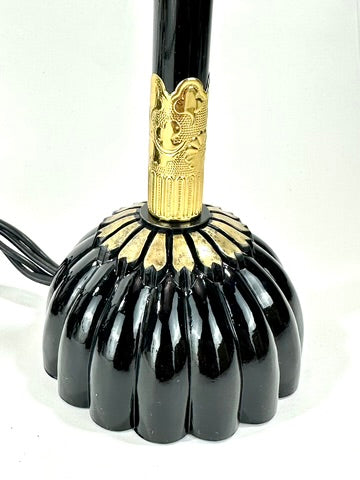 Japanese Showa Era Sakura Lantern Table Lamp Pair Black Lacquer Brass 15"H