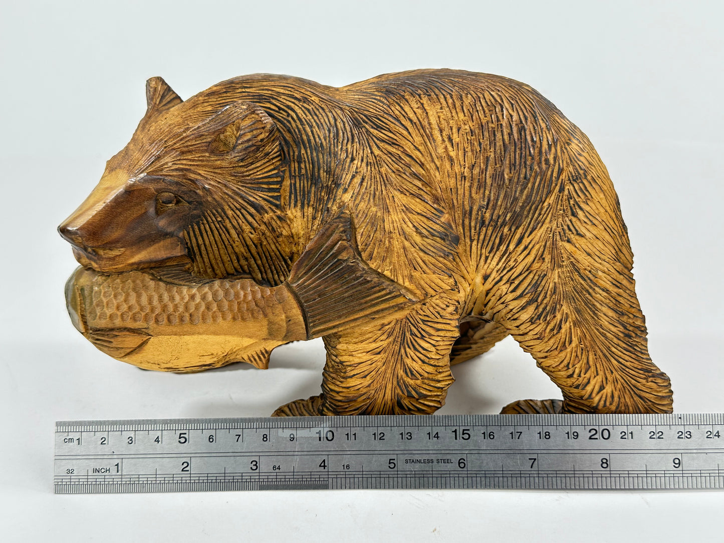 Vintage Japanese Ainu Bear Kuma w/ Salmon Signed Sugi Wood ~9"