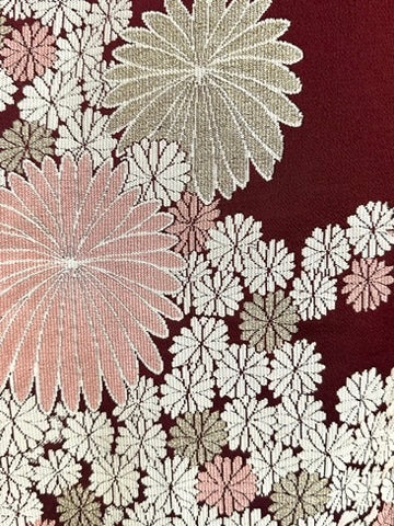 Vintage Japanese Silk Brocade Kimono Woven Kiku Chrysanthemum Burgundy Showa
