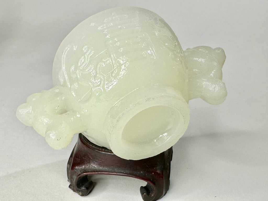 Antique Chinese Peking Glass Archaistic Censer Cup Taotie Chilong Handles Hardwood Stand 4"