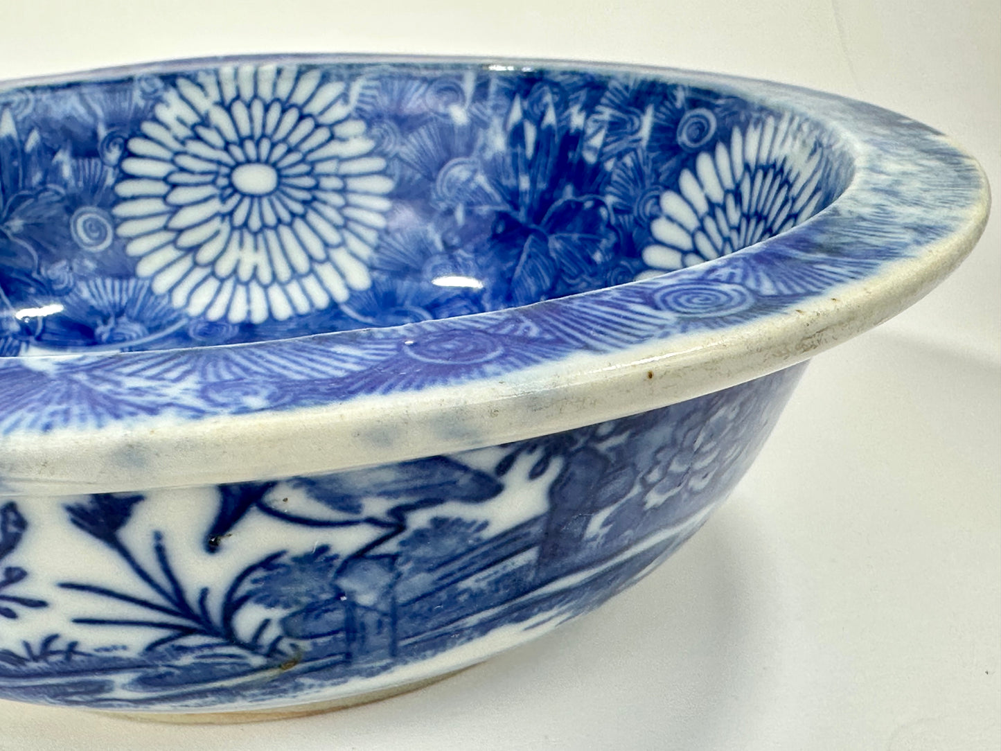 Antique Japanese Imari Sometsuke Blue White Porcelain Bowl Kiku Hanazume Late Edo 19th 8"W