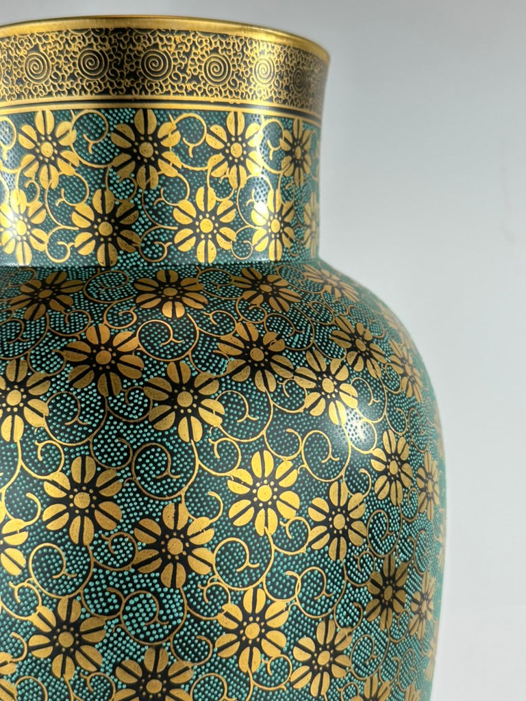Vintage Kutani Shozan Porcelain Vase Green Gold Kiku Hanazume Hardwood Stand Showa 18"H