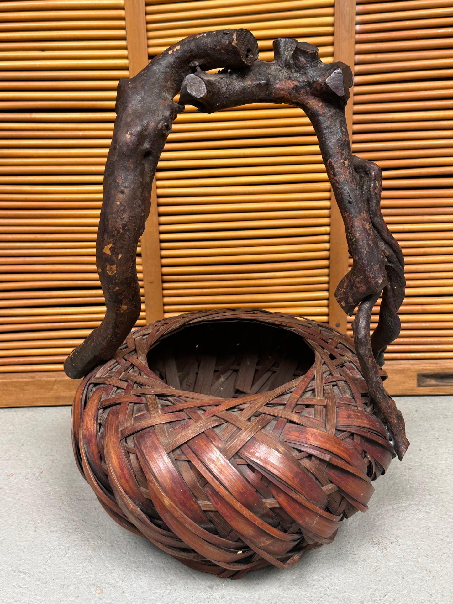 Antique Japanese Bamboo Flower Basket Hanakago Wisteria Branch Handle ~16"H