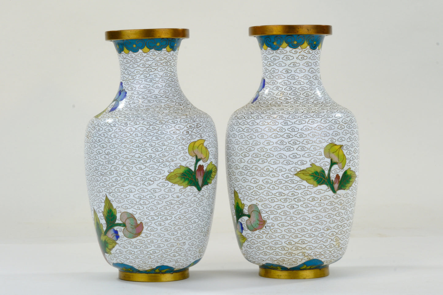 Chinese Cloisonne Enamel Vase Pair White Ground Pink Peony Cloud Pattern Teal Border 6.5"H