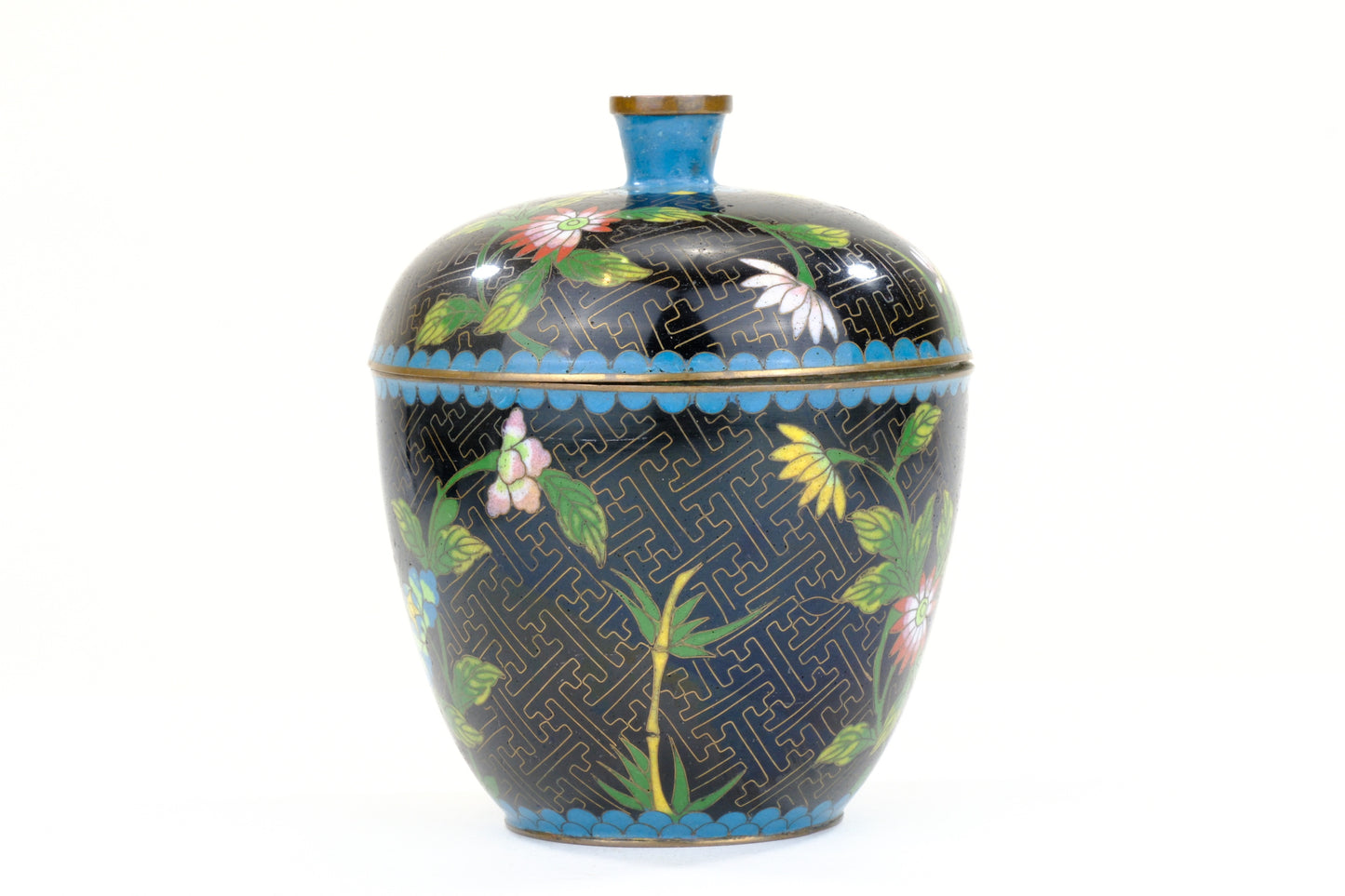 Chinese Cloisonne Enamel Moon Flask Vase Green Black Ground Floral Butterfly Three Feet 5.5"H