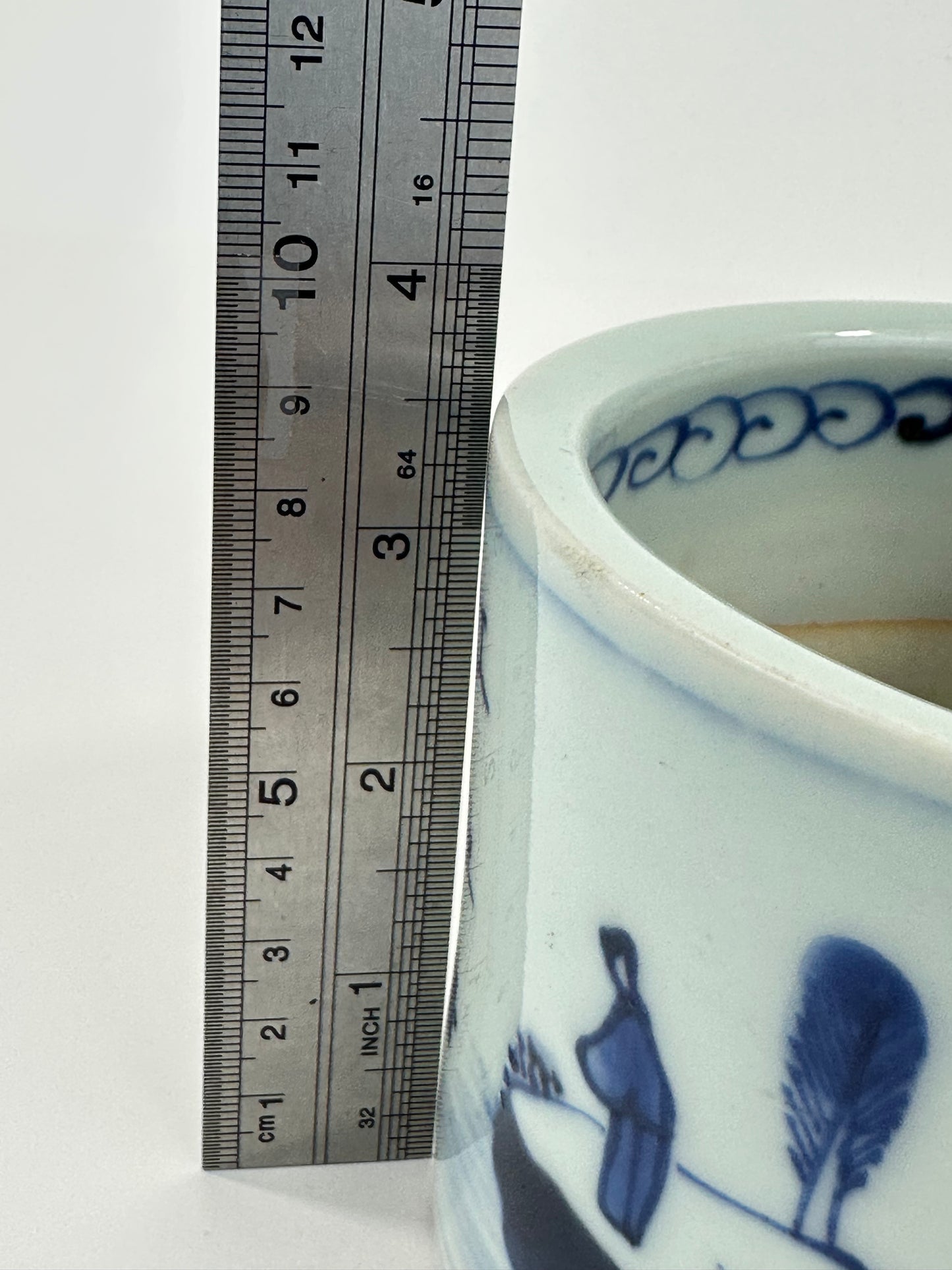 Antique Chinese Qing Period Blue and White Porcelain Brush Pot Landscape Scene 4.5"W