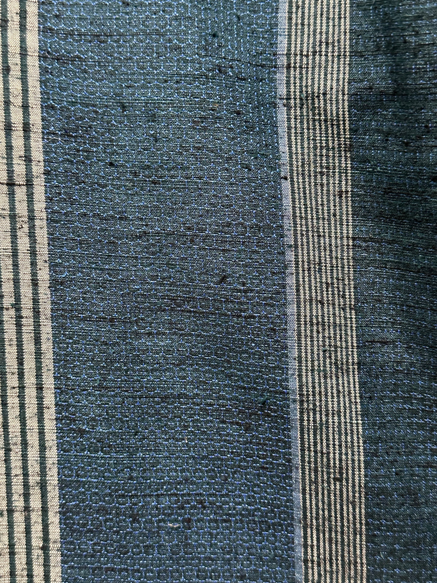 Japanese Yuki Tsumugi Silk Kimono Hand Woven Teal Stripes