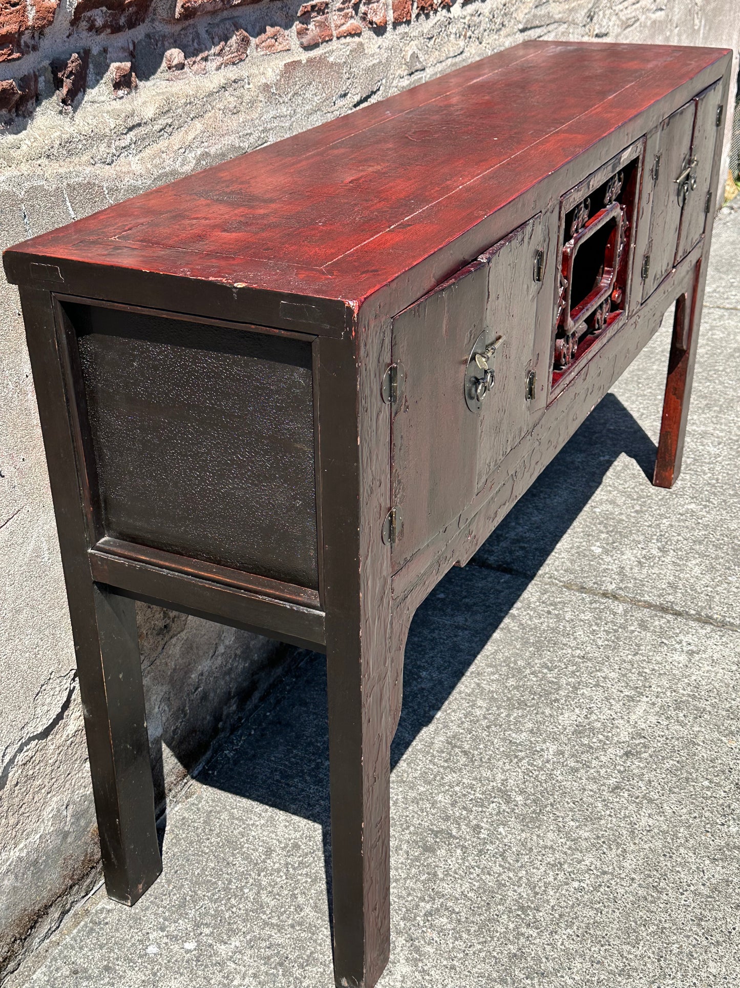 Antique Chinese Qing Red Lacquer Low Sideboard Cabinet Pierced Panel 62"W LS#150