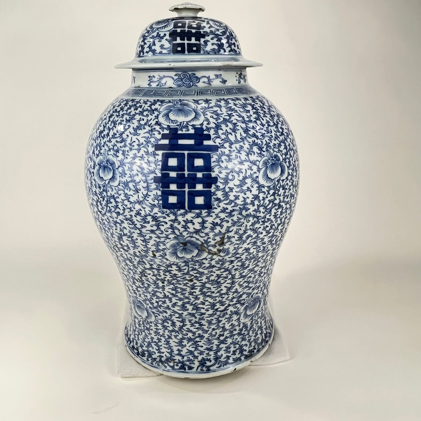 Antique Chinese Qing 150 Year Old Blue & White Wedding Jar Hand Painted 18"H