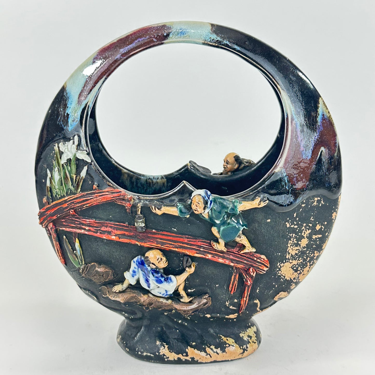 Antique Japanese Sumida Gawa Glazed Ceramic Basket Vase w/ Figures Inoue Ryosai (c.1900) LS#052