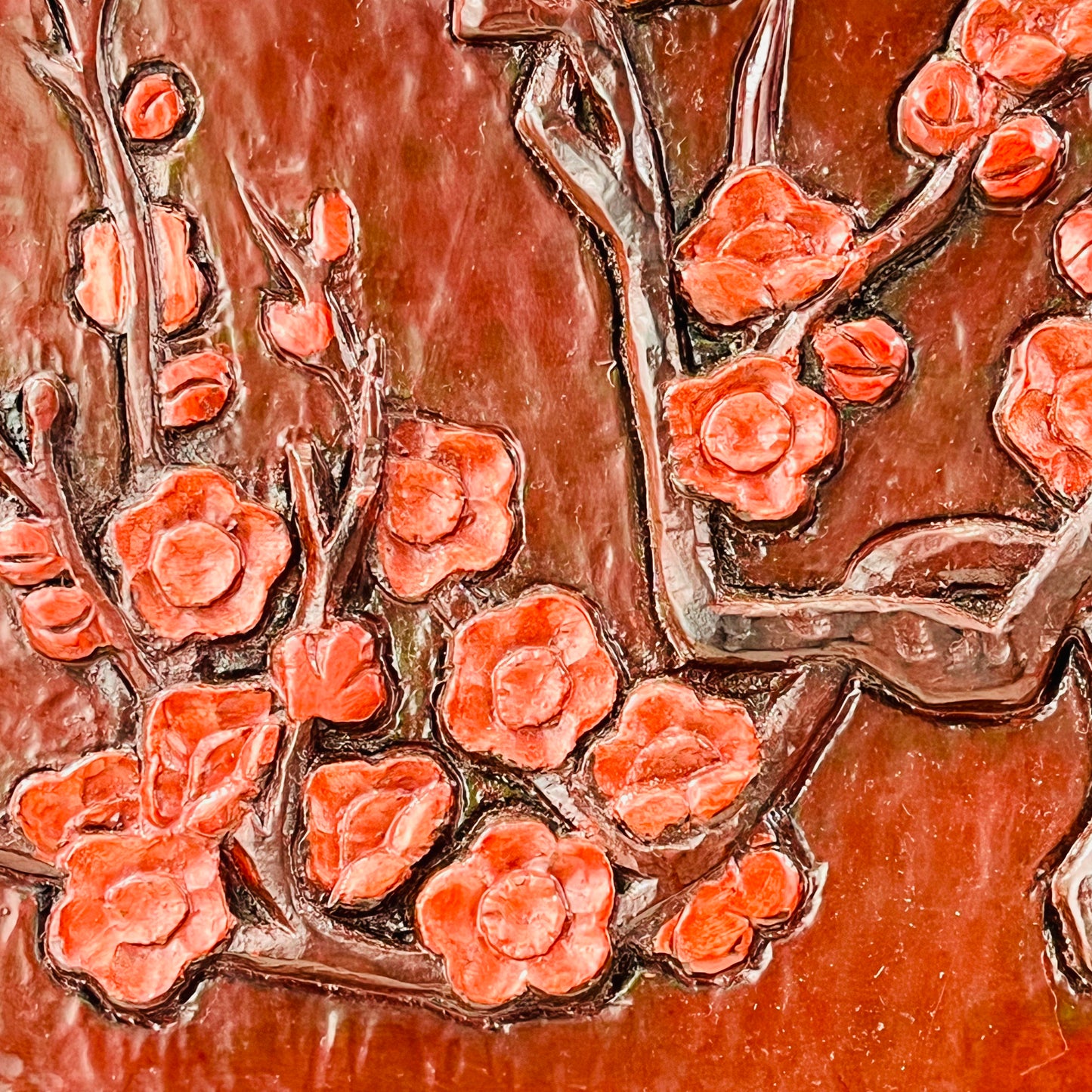 Vintage Japanese Kamakurabori Plate Plum Blossom Flowers Deep Red Lacquer 9”