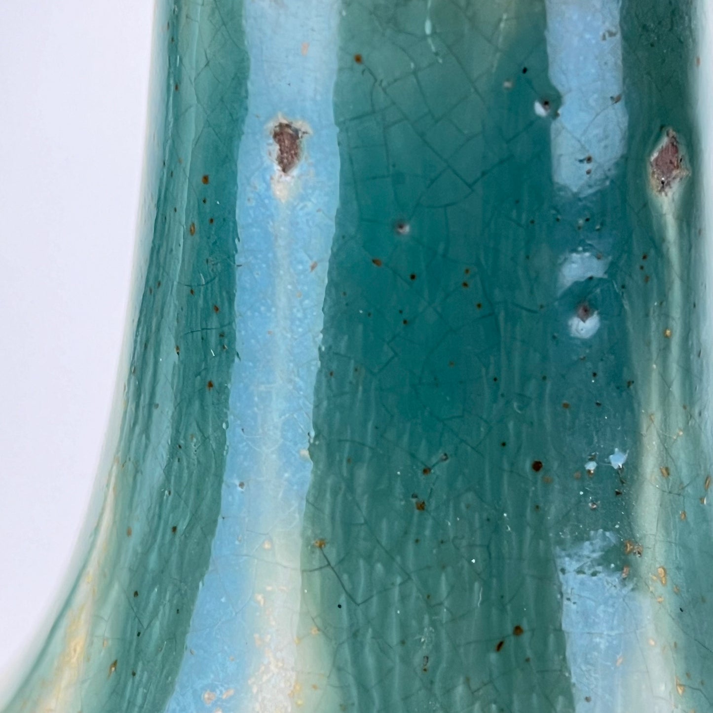Antique Japanese Late Meiji Tokkuri Sake Bottle Vase Green Hare's Fur 10” Chip Rim