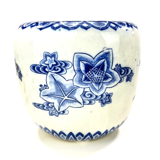 Antique Japanese Meiji Era Ceramic Blue & White Hibachi Brazier Flower motif 8”