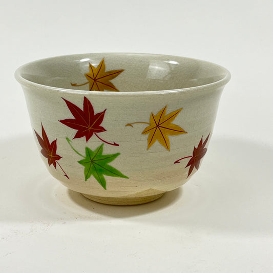 Signed Tea Ceremony Chawan Tea Bowl w/ Gold maple leavs Multicolored