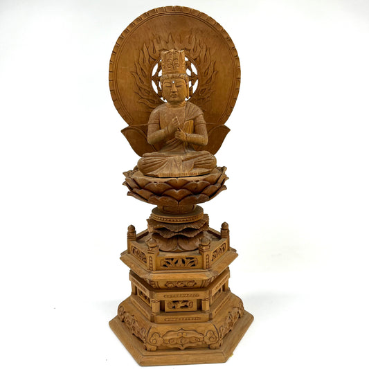 Statue of Maitreya Bodhisattva in Seated Mudra Carved Wooden Japanese Statue 11.5"